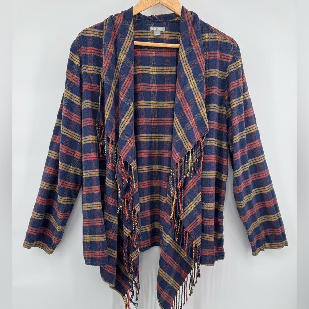 Falls Creek Lightweight Fringe Trimmed Plaid Waterfall plaid Cardigan Women's 1X